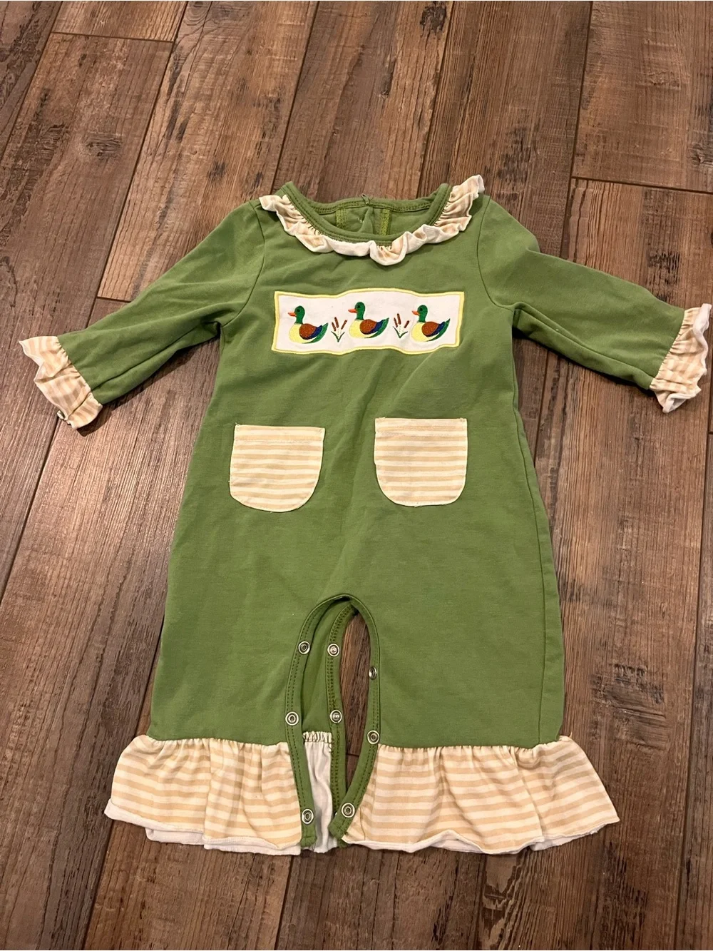Green Duck Appliqué Ruffle Romper for Kids